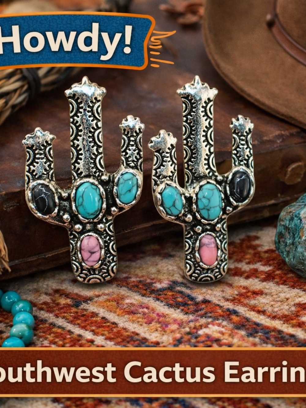 Southwest Cactus Drop Earrings with Turquoise, Pink & Black Accents